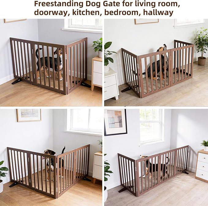 ZJSF Freestanding Indoor Dog Gate for House Foldable Wood Puppy Gate for Doorways Pet Gate for Stairs Extra Wide Pet Fence, Brown, 24" Height 3 Panels