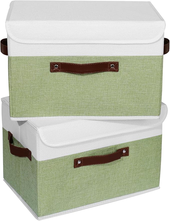 ANMINY 2PCS Storage Boxes with Lid Washable Decorative Storage Bins Basket with PU Leather Handle Foldable Linen Fabric Storage Cubes Containers for Home Closet Organizer - Green White, Large Size