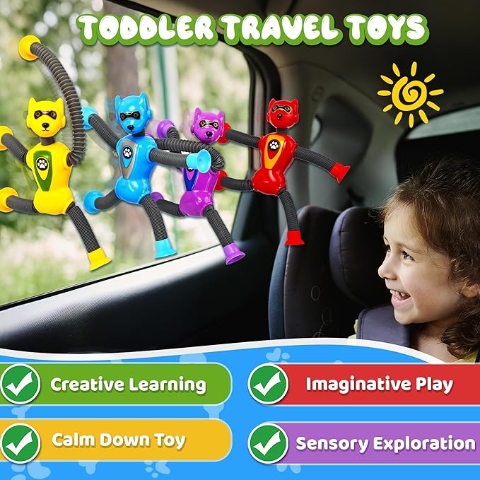 Cool Robot Dog Pop Tubes Sensory Fidgets Toddler Toy 4PC Travel Toys Airplane Car Activities Autistic Road Trip Toys Suction Tube for Kid Boy Year Old Ages 3 4 5 6 7 8 ADHD Autism Fidget Classroom