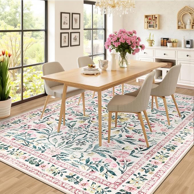 Area Rug Living Room Rugs: Floral 5x7 Washable Rug Vintage Soft Boho Non-Slip Carpet Indoor Stain Resistant Large Carpets for Bedroom Dining Room Farmhouse Nursery Hallway Home Office Pink Green