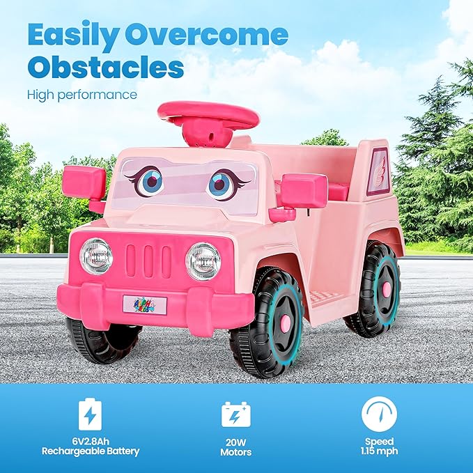 6V Toddler Ride-On Car with Horn LED Front Light Rear Storage and Eyes Theme – Fun & Safe Electric Car for Boys & Girls 18+ Months – Perfect for Little Explorers(Pink Eyes)