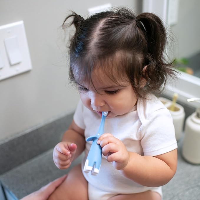 Dr. Brown's Infant-to-Toddler Training Toothbrush Set, Blue Elephant with Fluoride-Free Apple Pear Baby Toothpaste, 0-3 years