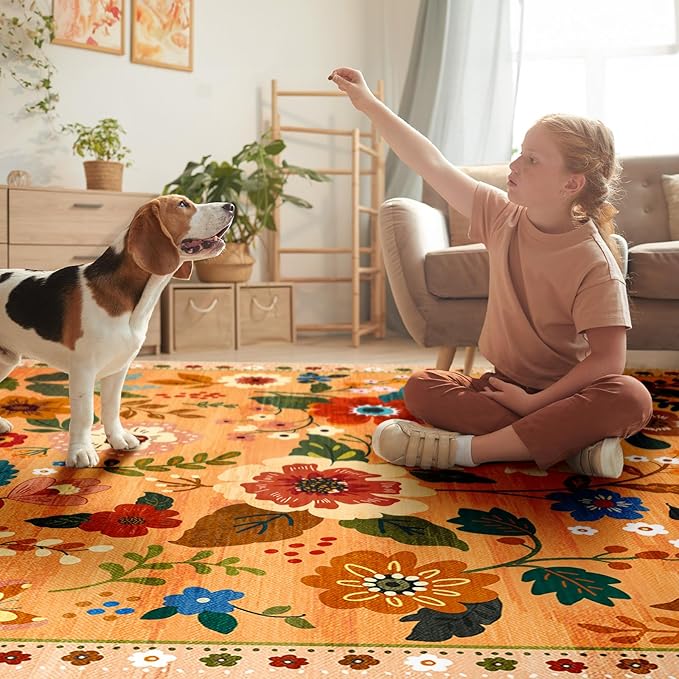 Floral 8ft Area Rug Machine Washable Soft Print Boho Carpet Non Slip Doormat Low Pile Flower Area Rugs for Living Room Bedroom Nursery Kitchen Dining Room Indoor-Yellow/Orange