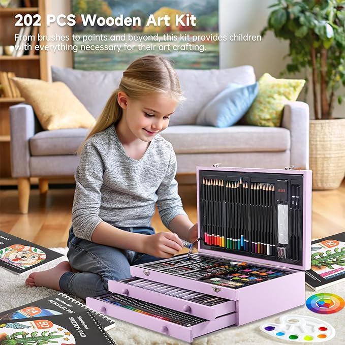 Shuttle Art Deluxe Gift Art Kit, 202-Piece Wooden Art Supplies Set with 4 Drawing Pads, Canvases, Coloring Sheets, Acrylic Paint, Crayons, Oil Pastels, Colored Pencils for Kids