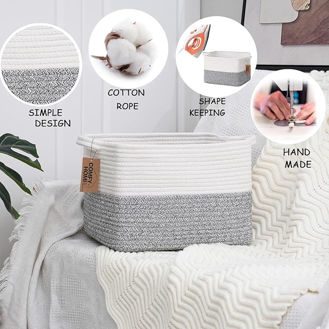 COMFY-HOMI 3-Pack Cotton Rope Woven Basket with Handles for Shelves, Book, Cloth Basket|Dog Toy Basket for Organizingy|13.5" x 11" x 9.5" for Bedroom（White/Grey）