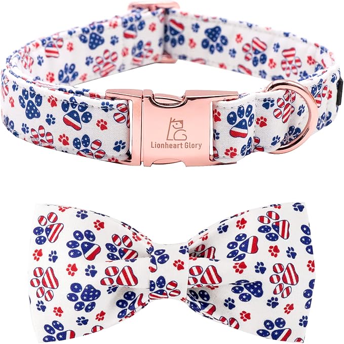 Lionheart American Flag Dog Collar with Bow - Adjustable for Medium Dogs