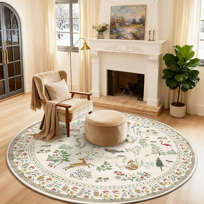 Washable Round Rugs for Bedroom 4ft: Living Room Rug Stain Resistant Non Slip