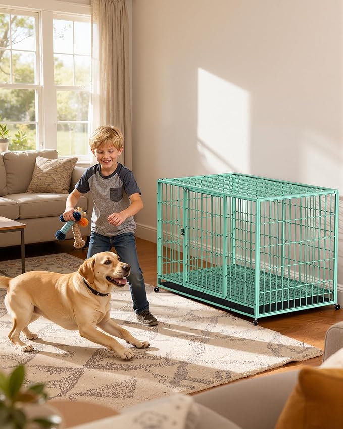 48 Inch Large Dog Crate, Escape Proof Dog Cage with Dual Door Lock and Swivel Casters,Removable Tray for Easy Cleaning, Dog Kennel Indoor Outdoor Use