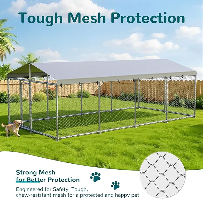20'x10' Large Outdoor Dog Kennel Outside– Heavy-Duty Dog Enclosure with Wire Mesh Fence, Lock & Waterproof Cover for Large Dogs (240x120IN)