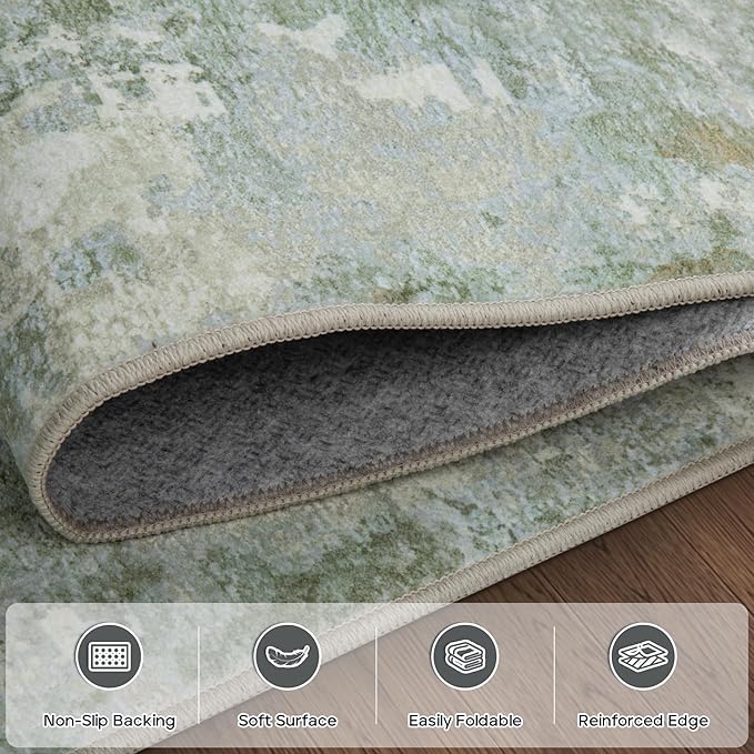 Runner Rug for Hallways Kitchen 2'6"x8' Washable, Non Slip Carpet 8ft Area Rugs Entryway Rubber Backed 8 Feet Neutral Abstract Modern Low Pile Indoor Green