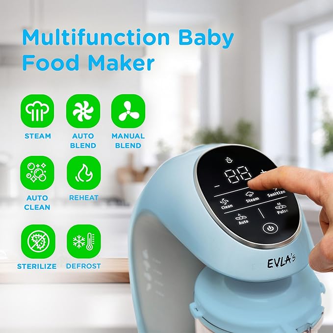 EVLA'S Baby Food Maker, Steamer, Blender, Baby Food Processor for Healthy Homemade Baby Food in Minutes, Touch Screen with 6 Reusable Food Pouches, Baby Registry Essential, Blue
