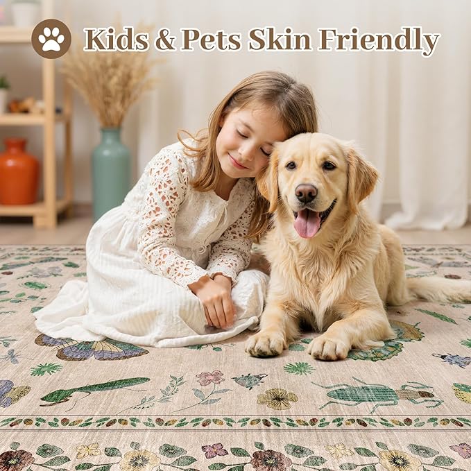 8x10 Area Rugs with Insect Print - Bug Rug Non-Shedding Stain Resistant Soft Carpet for Bedroom, Low Pile Ultra-Thin Machine Washable Carpet for Dining Room, Kids Nursery, Office (8'x10' Beige)