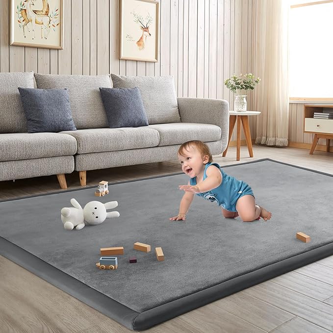 Baby Play Mat for Floor Tummy Time Mat Nursery Rug Muscle Mat Area Rug Playroom Rug Tatami Mat 6'7"x4'11" Memory Foam 1.3" Thick Crawling Mat for Babies,Toddlers, Infants, Kids,Floor Mat(Grey)