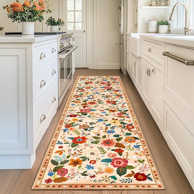 Floral 2x10 Area Rug Machine Washable Soft Print Boho Carpet Non Slip Doormat Low Pile Flower Area Rugs for Living Room Bedroom Nursery Kitchen Dining Room Indoor-Light Orange