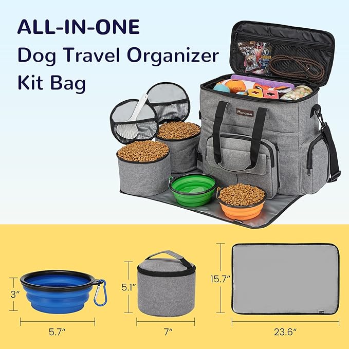 Modoker Dog Travel Organizer with 2 Collapsible Bowls for Supplies & Accessories, Airline Approved Dog Tote Pet Travel Bag with 2 Travel Food Container