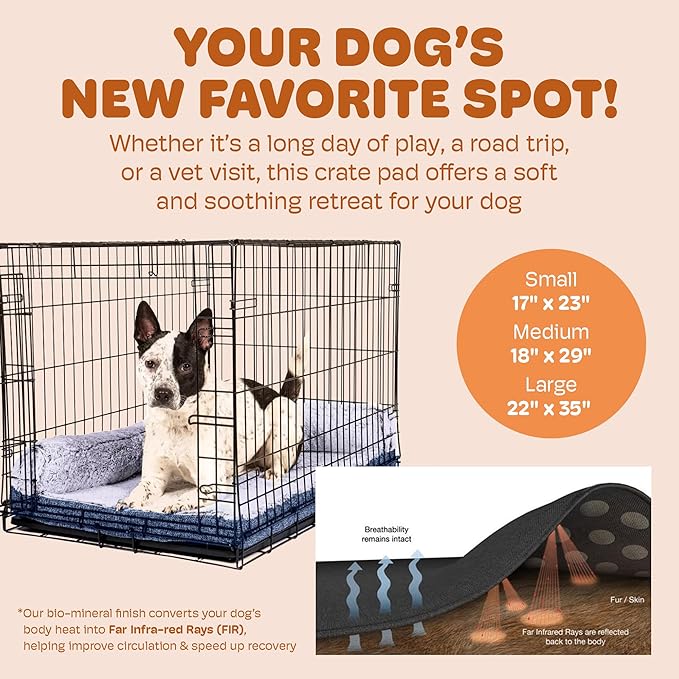 Dog Gone Smart Chill Kuzzi Dual Bolster Crate Pad - Washable Dog Bed Infused with Far Infrared Rays (FIR) - Supportive Plush Cushion for Crates, Travel, and Recovery - Slate Blue, Large 22 x 35 Inches