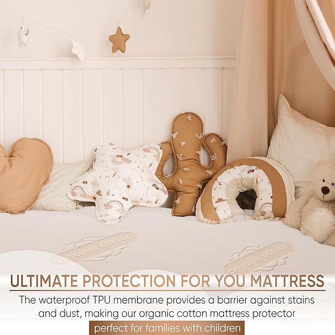 Crib Organic Mattress Protector Pad - Certified Organic Cotton Waterproof Breathable Mattress Pad Cover - 250 GSM Comfort - Deep Pocket - Fitted Comfort