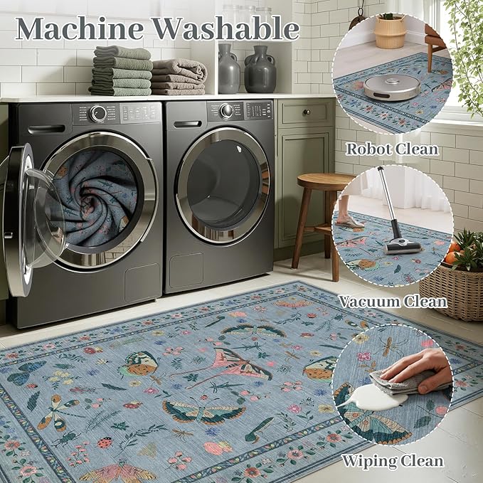 6x9 Rugs for Living Room with Insect Print - Bug Rug Non-Silp Stain Resistant Soft Carpet for Bedroom, Low Pile Ultra-Thin Machine Washable Carpet for Dining Room, Kids Nursery, Office (6'x6' Blue)