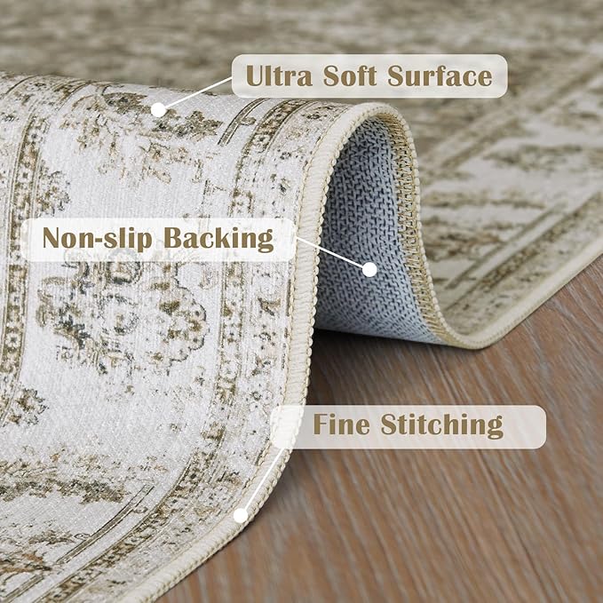 jinchan Runner Rug 3x10-2pcs Kitchen Washable Vintage Hallway Rug Floral Print Floor Cover Indoor Thin Retro Mat Accent for Bathroom Laundry Room Bedroom Office Farmhouse (Double,Taupe)
