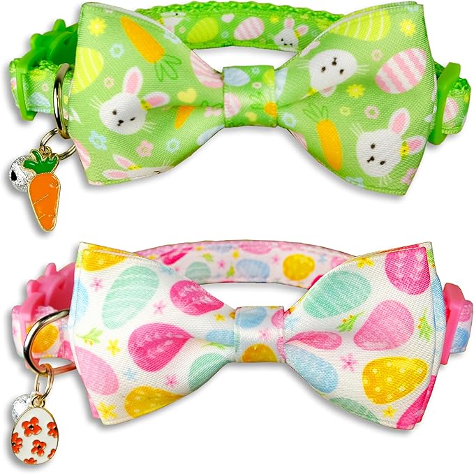 2 Pack Easter Cat Collar with Bowtie Adjustable Cute Kitten Collars for Easter Holiday Bunny and Egg Design with Decorative Charms