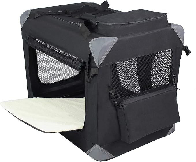 EliteField 3-Door Folding Soft Dog Crate with Carrying Bag and Fleece Bed (2 Year Warranty), Indoor & Outdoor Pet Home (20" L x 14" W x 14" H, Black)