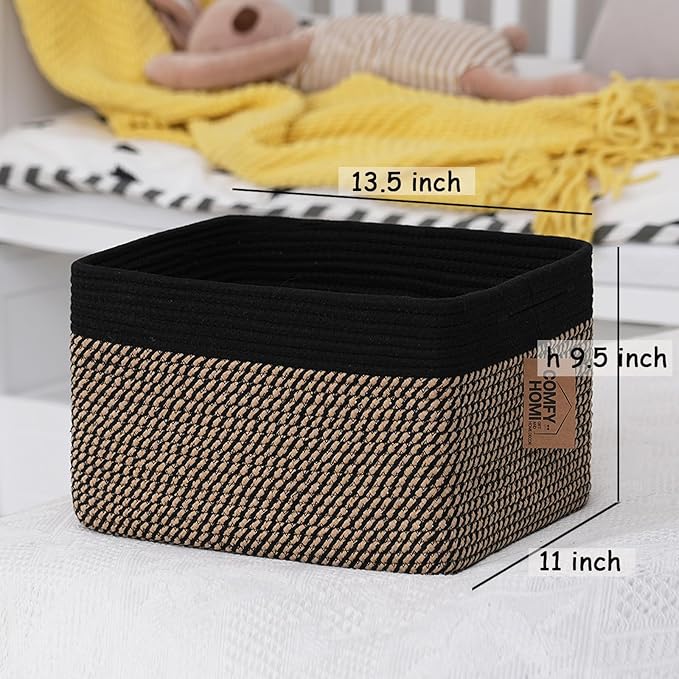 COMFY-HOMI 3PACK Cotton Rope Square Basket with Handles for Shelves|Dog Toy Bin and Storage|Baby Gift|Shoe Organizer|New 13.5" x 11" x 9.5" for Living Room (Black/Jute)