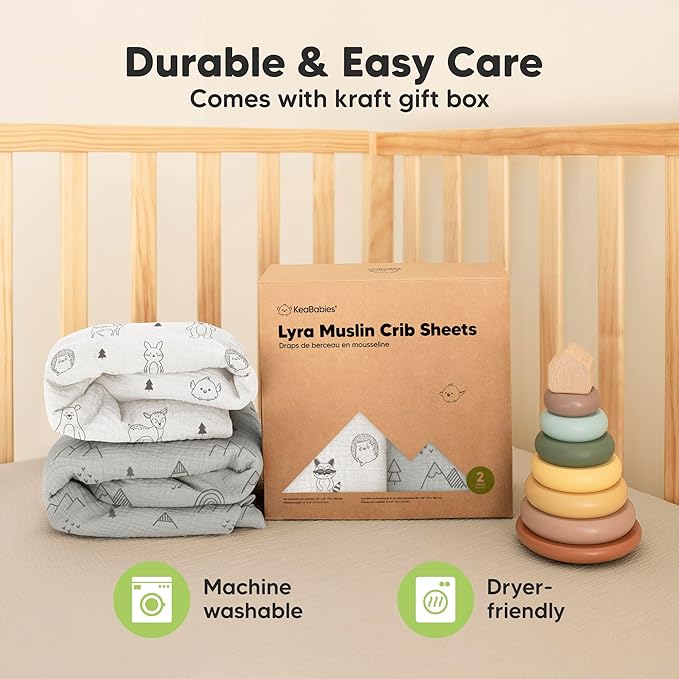 KeaBabies 2-Pack Muslin Crib Sheets for Boys, Girls - 100% Organic Cotton Fitted Baby Crib Mattress Sheet, Soft Breathable Standard Toddler Bed Cover Bedding Set, Neutral, Durable 52x28 (Woodland)