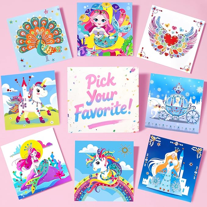 Marlrin Gem Sticker Kit for Kids, 8 Unicorn Princess Themes, Crafts Kits for Girls Ages 4-8, Arts & Crafts Toys, Diamond Art Kits for Kids - Birthday and Christmas Gift for Girls Ages 3, 4, 5, 6, 7, 8