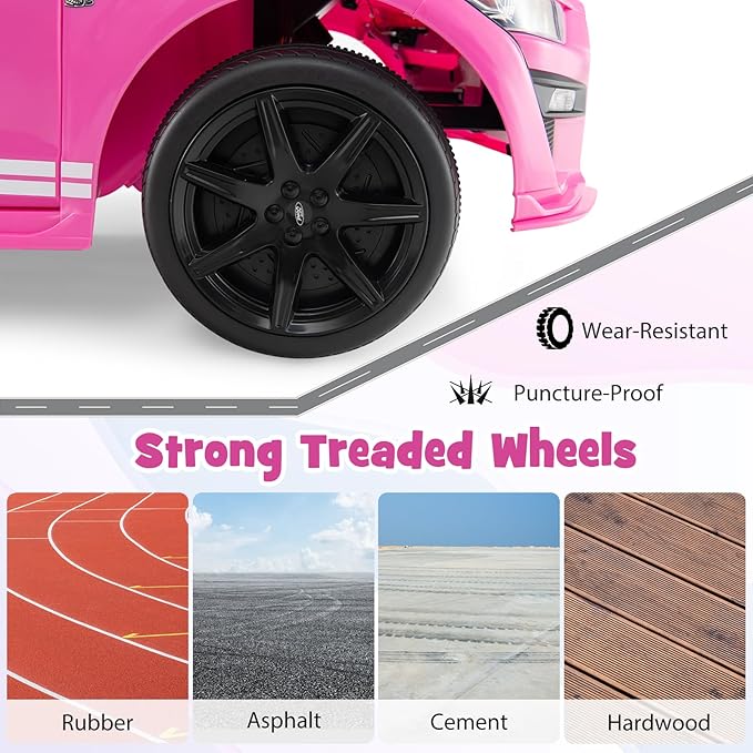 Costzon Ride on Car, 12V Licensed Ford Mustang Shelby GT500 Kids' Electric Vehicles w/Remote Control, USB Port, Radio, Music, Player, High Low Speed & Soft Start, Racing Kids Car for Toddlers (Pink)