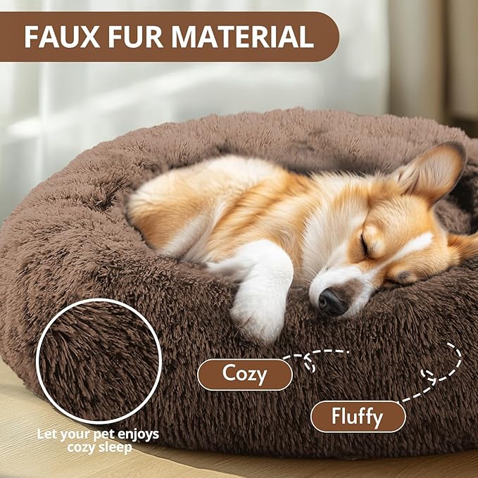 JOLLYVOGUE Calming Dog & Cat Bed for Small Dogs, Anti-Anxiety Donut Cuddler Cozy Soft Round Bed with Anti-Slip Bottom, Fluffy Faux Fur Plush Cushion Beds for Small Medium Dogs (23")