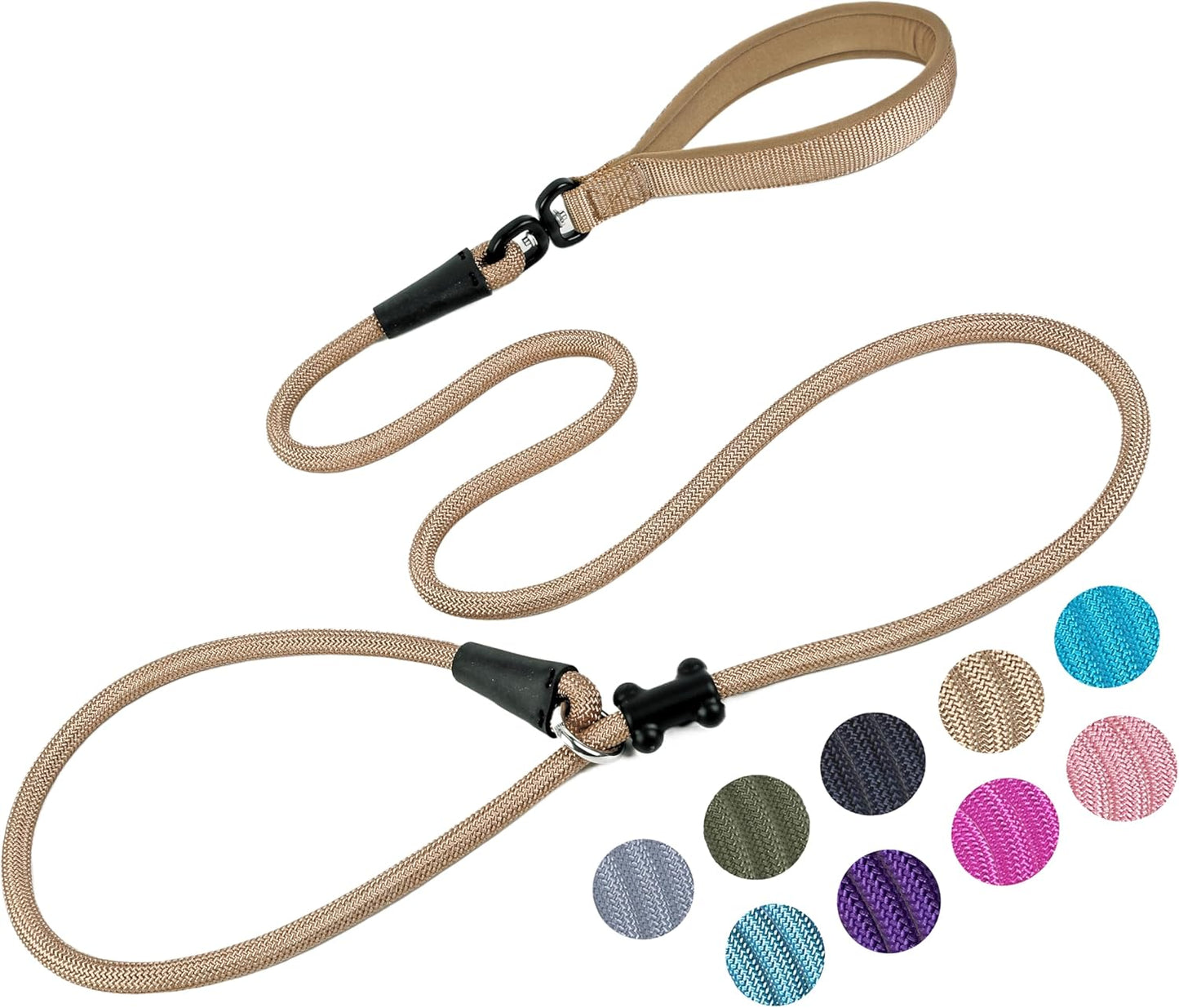 Slip Lead Dog Leash，Strong Nylon Rope Leash and Padded Handle,No Pull Outdoor Walking Training Lead for Small Medium Large Dogs(Light Military Tan, 1/2"×6ft)