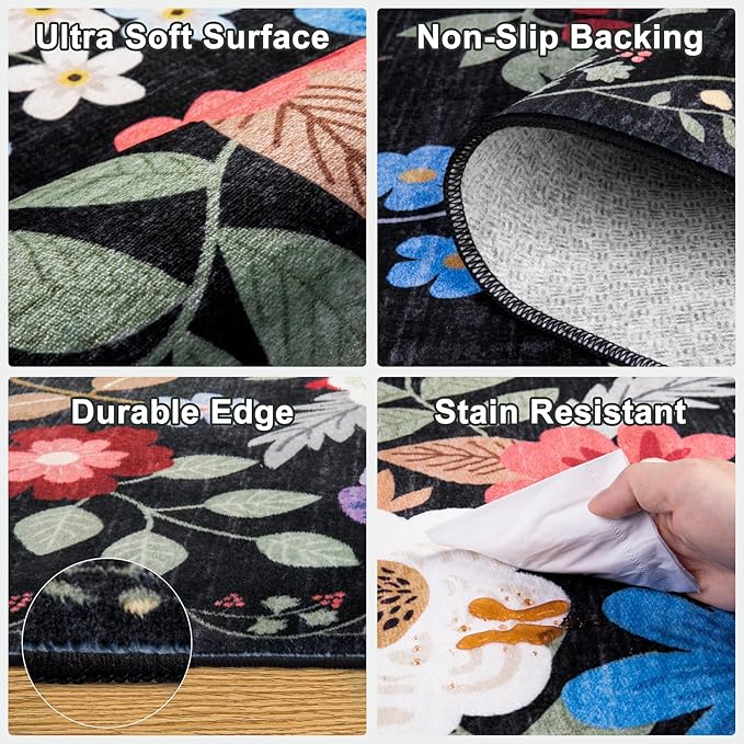 10x14 Area Rugs for Living Room: Floral Washable Rug Vintage Large Soft Boho Non-Slip Carpet Stain Resistant Low Pile Carpets for Bedroom Dining Room Farmhouse Nursery Hallway Home Office Black