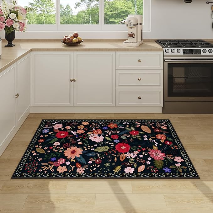 3x5 Area Rug, Floral Black Washable Rug for Entryway, Non Slip Flower Area Rugs, Soft Low Pile Indoor Doormat Small Carpet, Rugs for Living Room Bathroom Bedroom Nursery Kitchen Dining Room