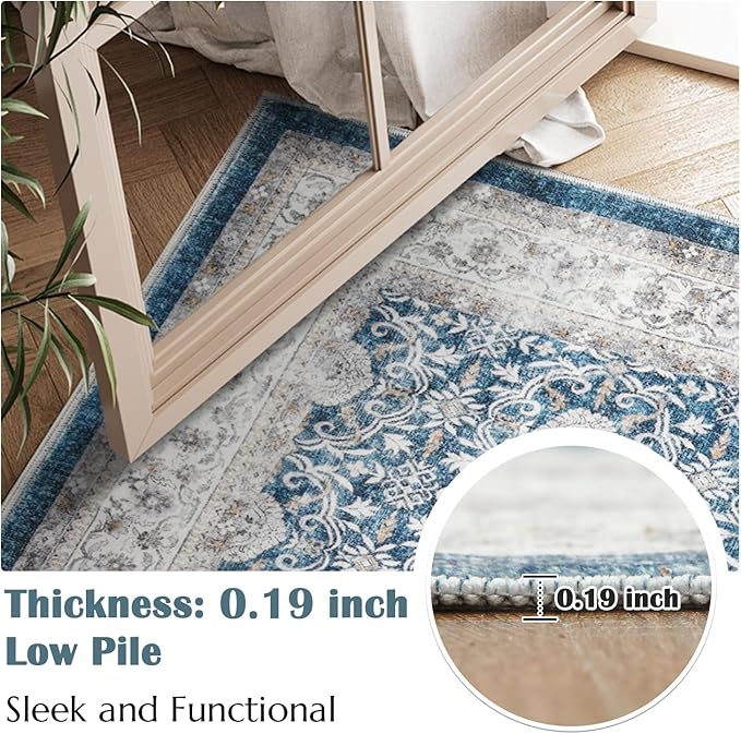 jinchan Floral 8x10 Area Rugs for Living Room Machine Washable Vintage Distressed Boho Design Throw Rug Stain Resistant Carpet Low-Pile Thin Non-Slip for Bedroom Dining Room Nursery (8‘x10',Dark Blue)