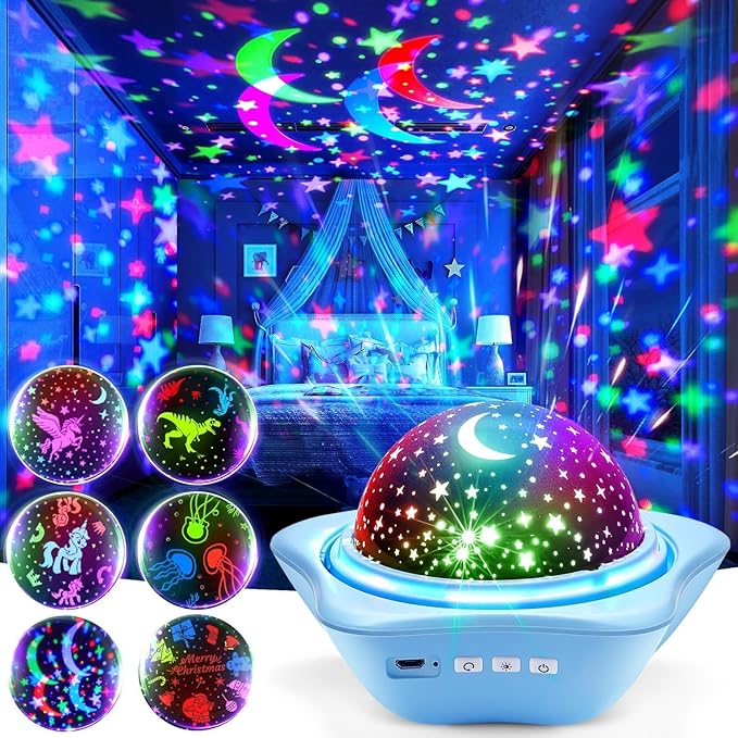 One Fire Night Light for Kids Gifts, 6 Films+78 Lighting Modes Ceiling Star Projector, Rechargeable Night Light Projector, 360°Rotating Star Lights for Bedroom Decor, Sensory Toys for Baby Boy Gifts