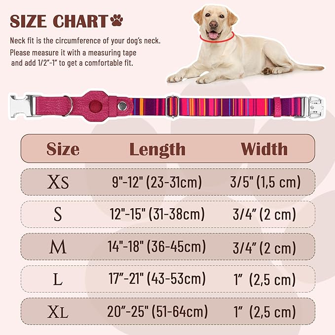 AirTag Dog Collar for Small Medium Large Breed - Adjustable Cute Pattern Dog Collar with Airtag Holder - Soft Leather Tracker GPS Apple Air Tag Pet Collars (Small, 12"-15" Neck Fit, Striped)