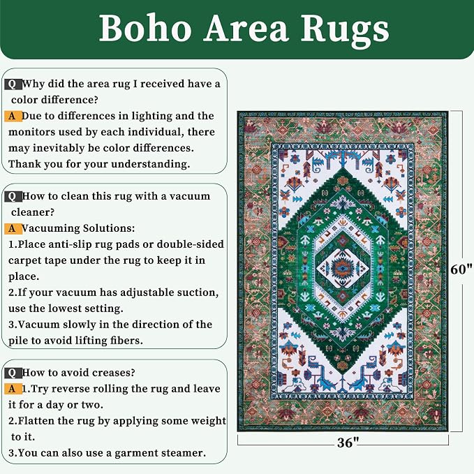 SERISSA Area Rug 3x5 Boho Rugs for Bedroom, Washable Non-Slip Living Room Rug