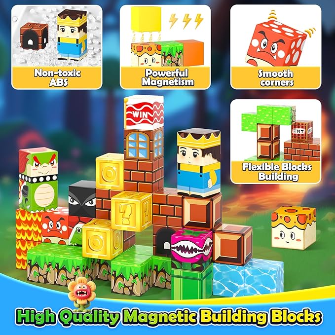 Magnetic Blocks Travel Toys with Portable Metal Tin - STEM Magnet Building Blocks Toddler Kids Toys for 3 4 5 6 7 8 Year Old Boys & Girls Xmas Birthday Gifts Classroom Must Haves Decor