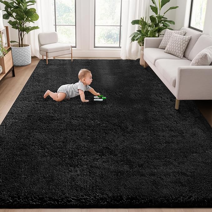 5x7 Area Rug for Living Room: Fluffy Shag Soft Washable Rugs Fuzzy Plush Indoor Carpet for Bedroom Nursery Playroom Dorm Kids Girls Boys Room (Black, 5'x7')