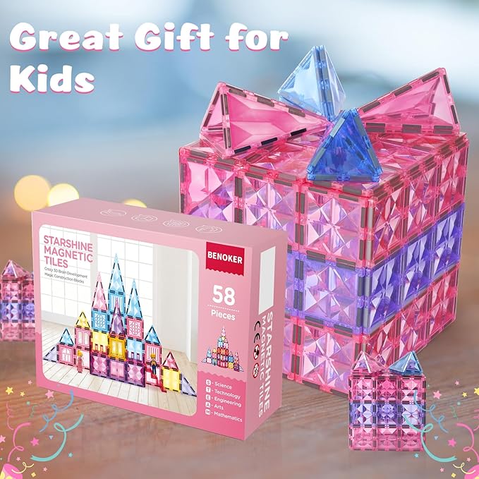 Pink Castle Magnetic Tiles for Kids Ages 3-8, 3D STEM Toys with Sparkling Building Blocks, Creative Educational Gift for Boys and Girls, Preschool Learning Toys for Birthday