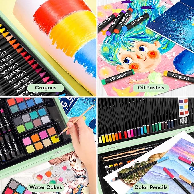 iBayam Art Supplies, 150-Pack Deluxe Wooden Art Set Crafts Drawing Painting Kit with 1 Coloring Book, 2 Sketch Pads, Creative Gift Box for Adults Artist Beginners Kids Girls Boys