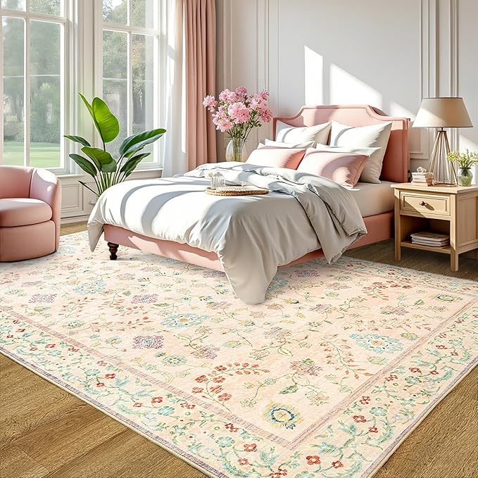 LOCHAS Washable Area Rugs 8x10, Pink Floral Rug for Living Room Bedroom Non Slip, Ultra Soft Vintage Indoor Carpet for Kids, Nursery, Dorm, Dining Room, Classroom, Boho Flower Home Decor, Low-Pile