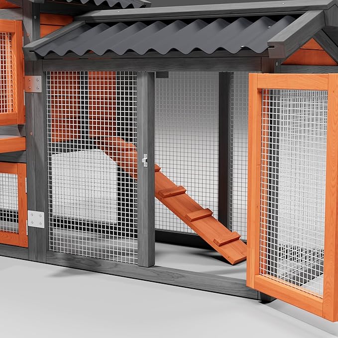 Chicken Coop, Chicken Run,Small Wooden Duck Coop Outdoor 2-Tier Hen House All Weather Used Poultry Quail Cage Rabbit Pet Hutch House with Ramp for Small Animals Outside (Brown with Black)