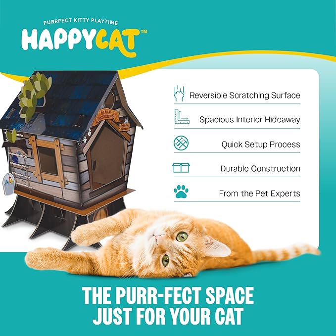 HappyCat Tree House Cat Scratcher House - Natural-Themed Cardboard Cat Playhouse, Scratch Panels, Spacious Interior & Scratch Surfaces - Sturdy Indoor Cat Activity Center
