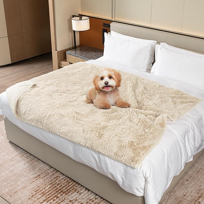 Waterproof Cream Calming Dog Blanket Beige Fluffy Long Faux Fur Pet Throw Blankets for Cats Puppy Couch Sofa Covers Washable Love Bed Cover(Beige,M-57x40in)