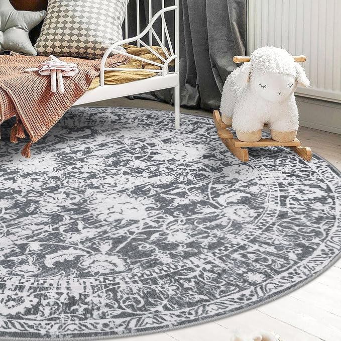 KILOCOCO Area Rug 5ft Round Living Room Rug Washable Printed Vintage Floral