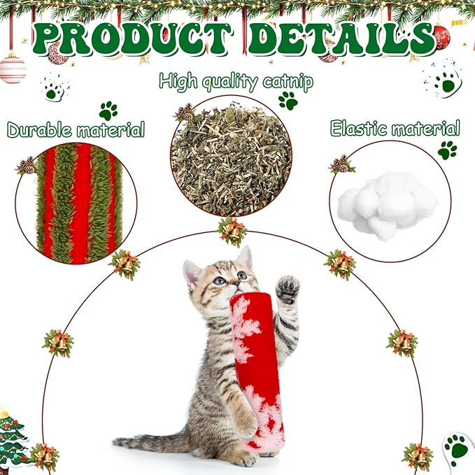 Civaner 6 Pcs Christmas Cat Catnip Toy for Indoor Cat 10.6 Inch Kitten Kicker Stick Catnip Toy with Crinkle Sound Soft Plush Kitten Pillow for Chew Exercise Gift (Red, Green, Red Green Stripes)