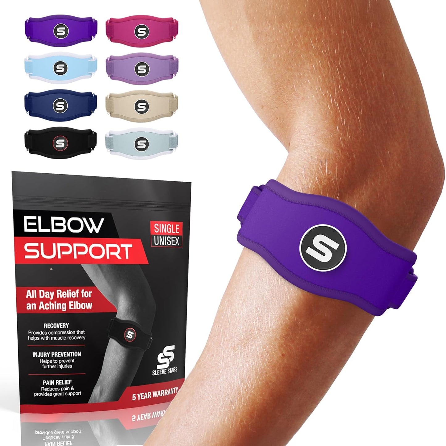 Sleeve Stars Tennis Elbow Brace for Women - Adjustable Tennis Elbow Strap, Golfers Elbow Brace for Men, Counterforce Brace for Tendonitis Relief, Fits 9"-23" (Pair/Dark Purple)