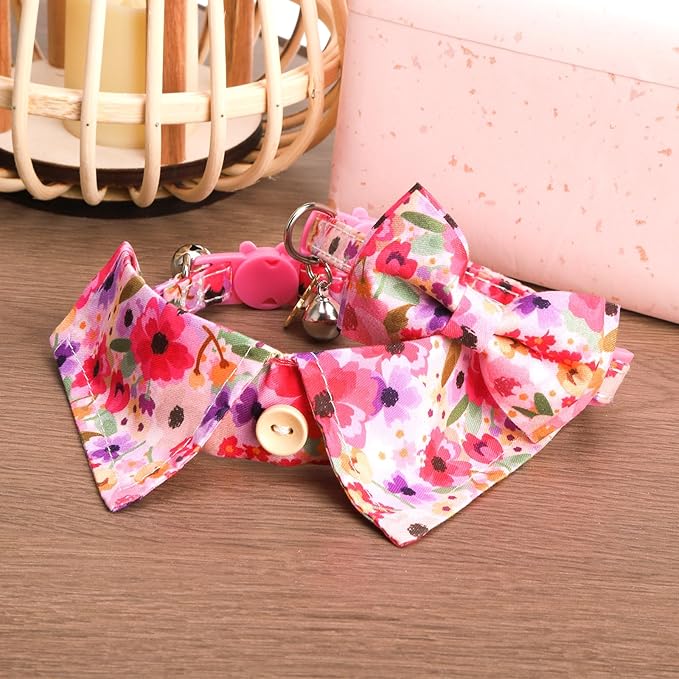 Cat Collar Breakaway with Bells, Pink Cat Bowtie Collar for Girl Cats, Small Cat Collar with Bow for Spring Summer, 2 Pack Soft Cute Floral Kitten Collar with Removable Shirt Collar 8-12Inch