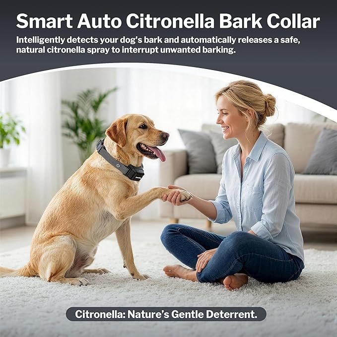 Bark Collar, Dog Bark Collar for Large Medium Small Dogs, Citronella Dog Bark Collar with Adjustable Spray & Sensitivity, Rechargeable Anti-Bark Collar for Dogs with Safe, 2 Collar Straps(Black)